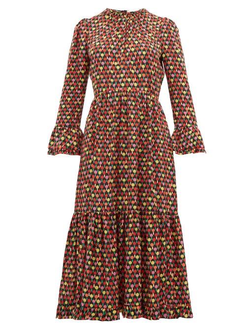 Matchesfashion.com La Doublej - Ping Pong Print Ruffled Crepe Chiffon Midi Dress - Womens - Multi