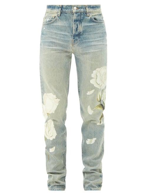 Matchesfashion.com Amiri - Rose-print Distressed Cotton-blend Denim Jeans - Mens - Blue