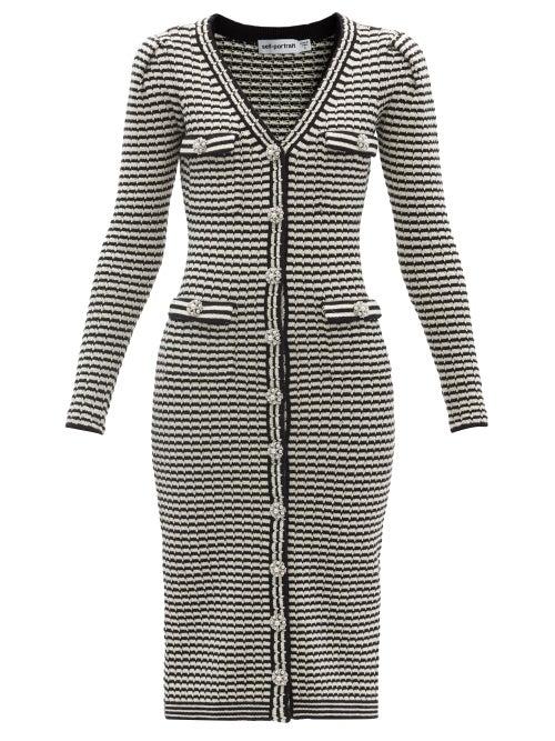 Matchesfashion.com Self-portrait - Striped Cotton-blend Cardigan Dress - Womens - Black White