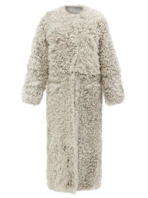 Raey - Collarless Curly Shearling Maxi Coat - Womens - Grey