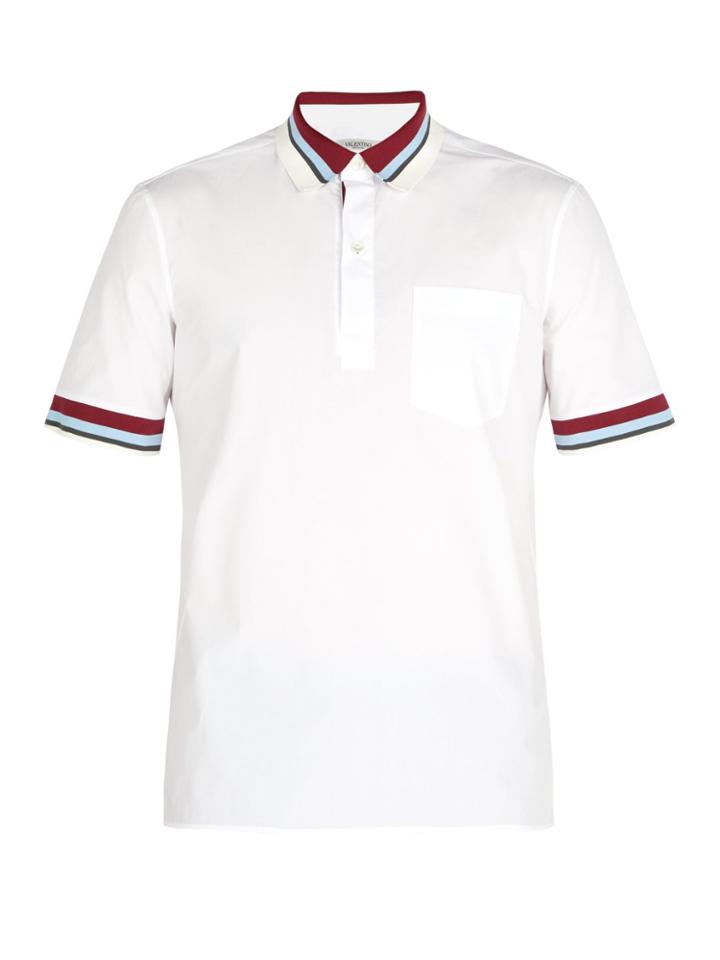 Valentino Striped Rib-knit Trimmed Cotton-poplin Polo Shirt
