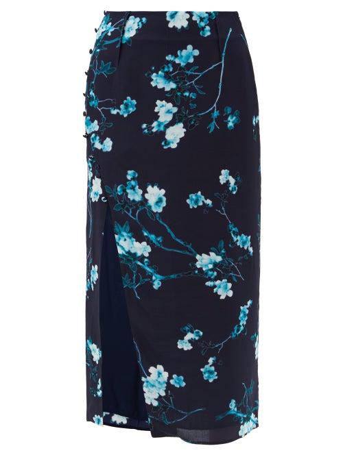 Matchesfashion.com Altuzarra - Edmund Side-slit Floral-print Silk Skirt - Womens - Blue Multi