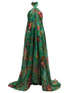 Matchesfashion.com Adriana Iglesias - Floral Print Halterneck Silk Chiffon Gown - Womens - Green Multi