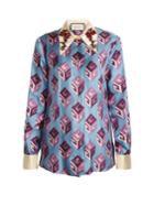 Gucci Gg Wallpaper-print Embellished Collar Silk Blouse