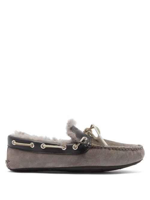 Mens Basics Quoddy - Fireside Suede And Shearling Slippers - Mens - Grey