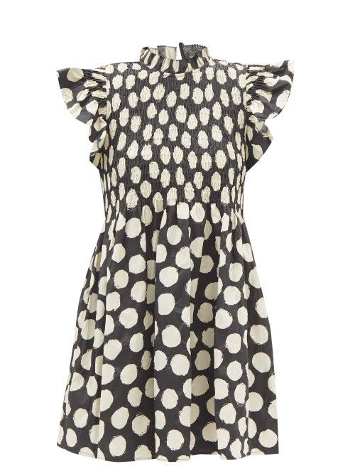 Sea - Arline Smocked Polka-dot Cotton-poplin Mini Dress - Womens - Black Multi