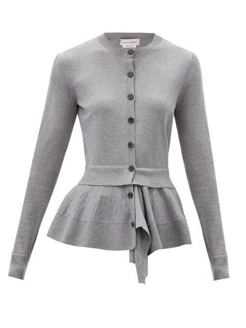 Matchesfashion.com Alexander Mcqueen - Draped-peplum Wool-blend Cardigan - Womens - Grey