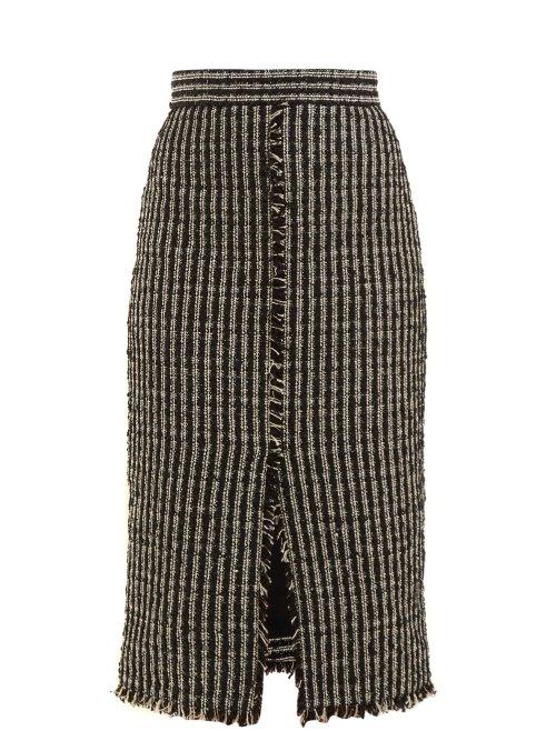 Matchesfashion.com Alexander Mcqueen - Fringed Tweed Pencil Skirt - Womens - Black White