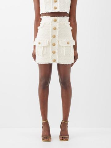 Balmain - Frayed-trim Tweed Cargo Mini Skirt - Womens - White