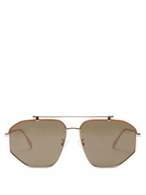Alexander Mcqueen - Aviator Leather-trim Metal Sunglasses - Mens - Gold