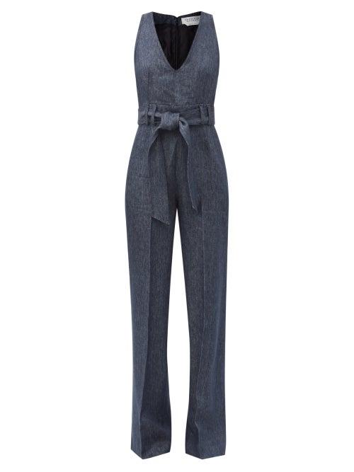 Matchesfashion.com Gabriela Hearst - Lennox V-neck Linen Straight-leg Jumpsuit - Womens - Denim