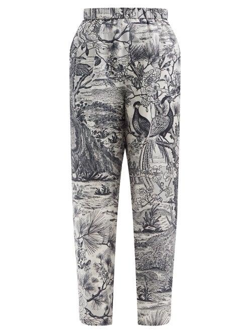 Matchesfashion.com Biyan - Portulaca Floral-print Silk Wide-leg Trousers - Womens - Navy White