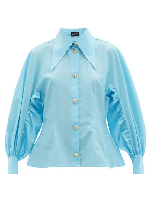 Matchesfashion.com Elzinga - Exaggerated Balloon-sleeve Cotton-blend Shirt - Womens - Blue