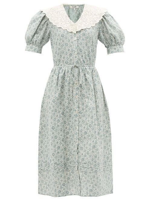 Sea - Ida Exaggerated-collar Floral-print Cotton Dress - Womens - Green Multi