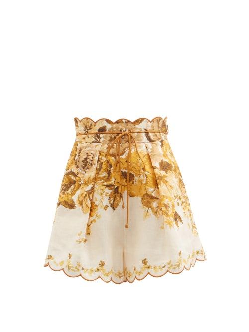 Ladies Beachwear Zimmermann - Aliana High-rise Floral-print Linen-voile Shorts - Womens - Yellow Print