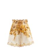 Ladies Beachwear Zimmermann - Aliana High-rise Floral-print Linen-voile Shorts - Womens - Yellow Print