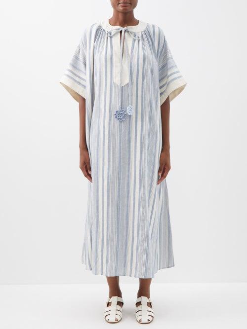 Vika 2.0 - Striped Organic-cotton Midi Kaftan Dress - Womens - Blue Stripe