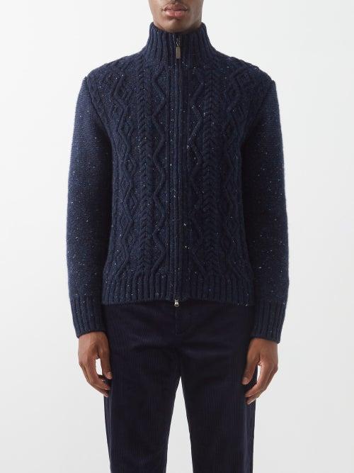Inis Mein - Zip-front Merino-blend Aran Cardigan - Mens - Navy Multi