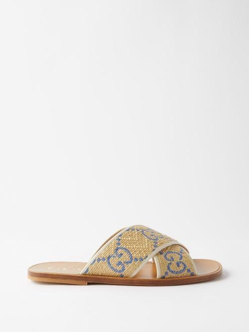 Gucci - Gg Faux-raffia And Leather Slides - Mens - Beige