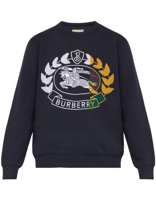 Matchesfashion.com Burberry - Embroidered Cotton Blend Sweatshirt - Mens - Navy