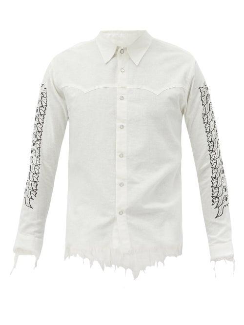 Youths In Balaclava - Frayed Floral-print Cotton Shirt - Mens - White