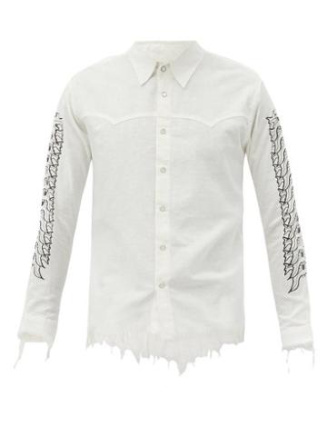 Youths In Balaclava - Frayed Floral-print Cotton Shirt - Mens - White