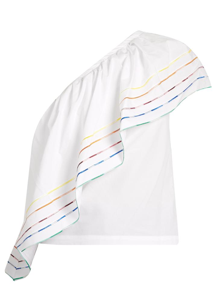 Rosie Assoulin One-shoulder Embroidered-stripe Cotton Top