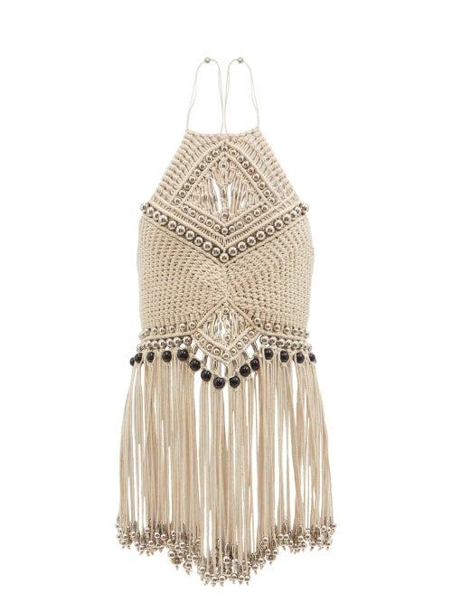 Paco Rabanne - Beaded Macram Halterneck Top - Womens - Cream