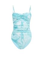 Matchesfashion.com Ganni - Ruched Swirl-print Swimsuit - Womens - Blue Print