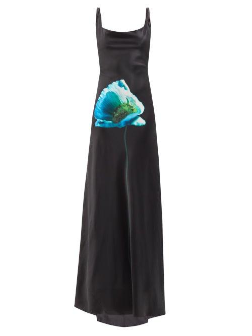 Common Hours - Flower-print Silk-satin Maxi Dress - Womens - Black