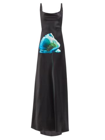 Common Hours - Flower-print Silk-satin Maxi Dress - Womens - Black