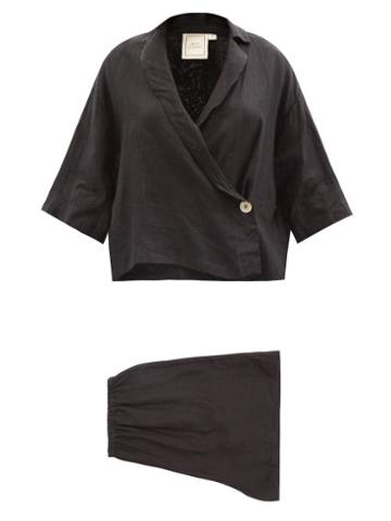 Deiji Studios - Asymmetric Short Linen Pyjamas - Womens - Black