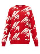 Matchesfashion.com Msgm - Crew Neck Logo Intarsia Wool Blend Sweater - Womens - Red White