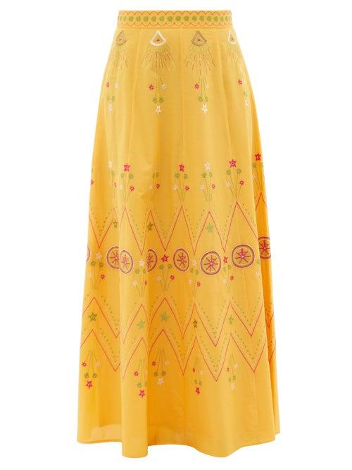 Ladies Beachwear Le Sirenuse, Positano - Camille Embroidered Cotton-poplin Maxi Skirt - Womens - Orange