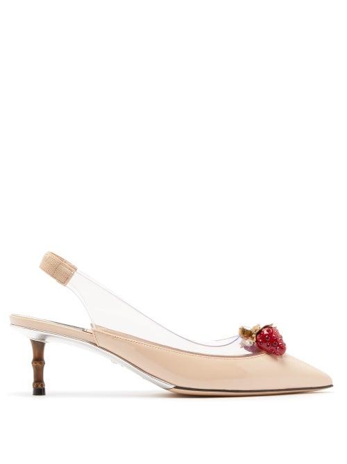 Matchesfashion.com Gucci - Eleonor Strawberry Charm Patent Leather Pumps - Womens - Nude