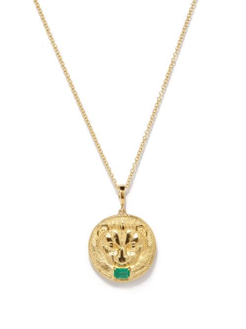 Azlee - Lion Emerald & 18kt Gold Pendant Necklace - Womens - Green Gold