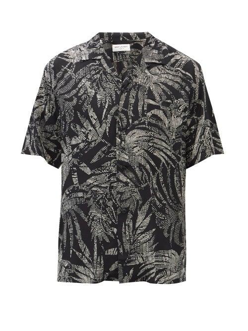 Mens Rtw Saint Laurent - Palm-print Short-sleeve Shirt - Mens - Black