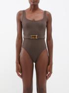 Zimmermann - Laurel Belted Lurex-jersey Swimsuit - Womens - Dark Brown