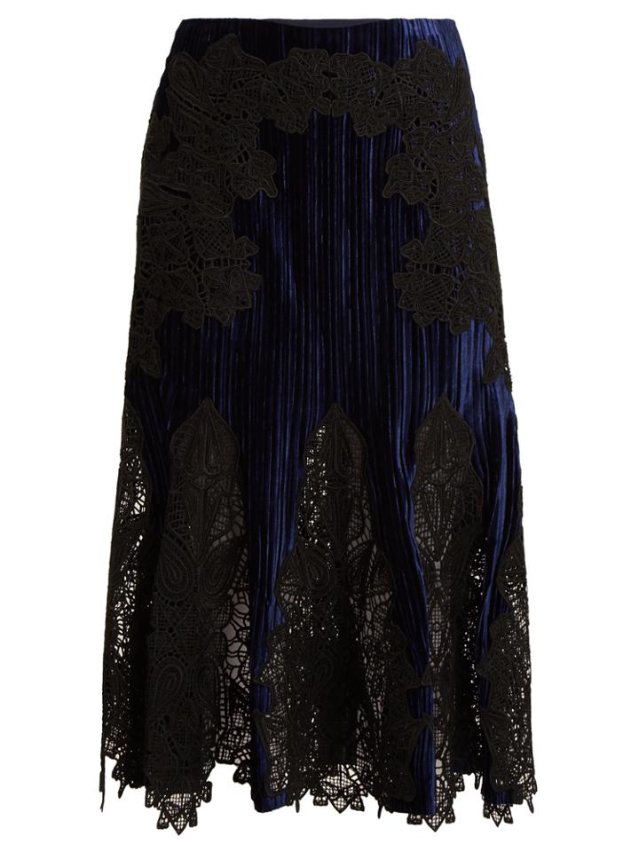 Jonathan Simkhai Lace-appliqu Crinkled Velvet Midi Skirt