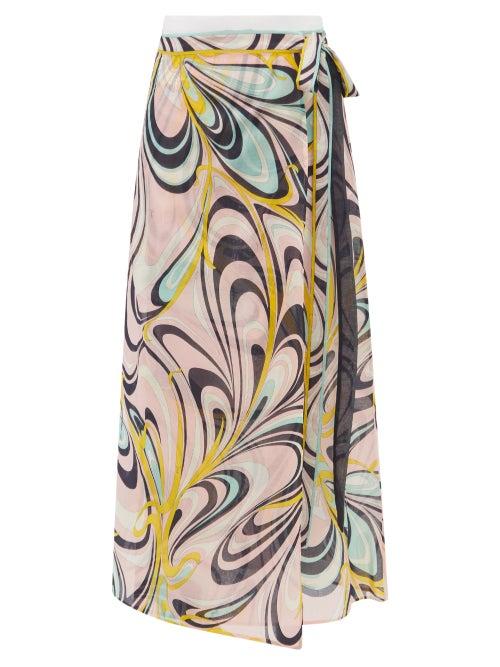 Emilio Pucci - Onde-print Cotton Wrap Skirt - Womens - Navy Pink