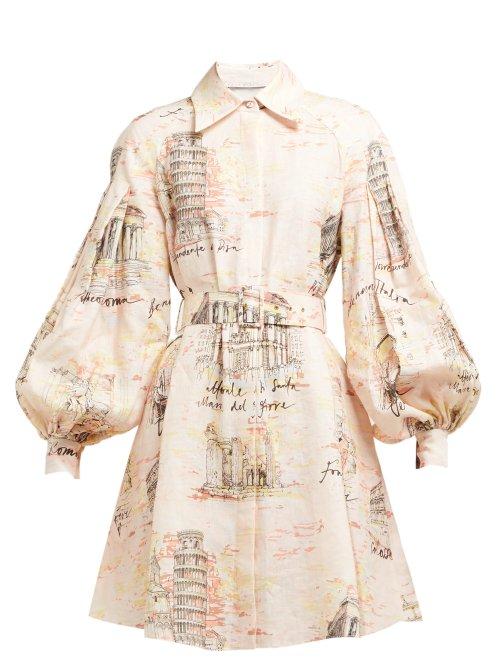 Matchesfashion.com Emilia Wickstead - Rowena Belted Italy Print Dress - Womens - Pink Print