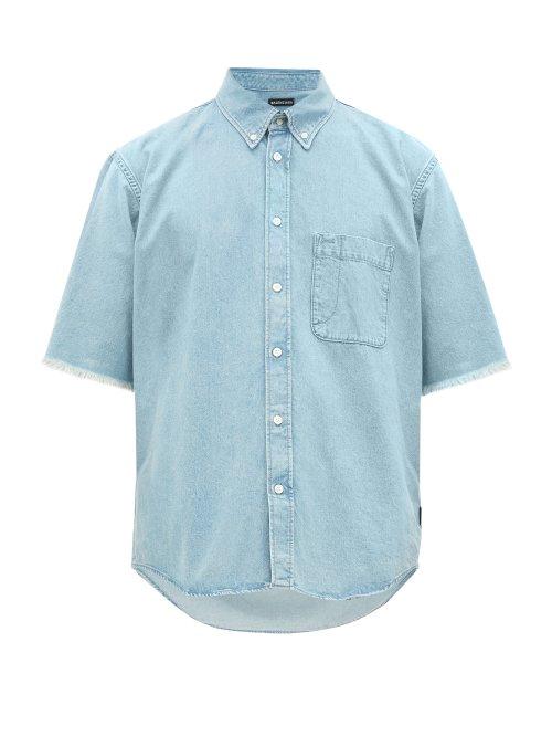 Matchesfashion.com Balenciaga - Raw Edged Short Sleeved Denim Shirt - Mens - Light Blue
