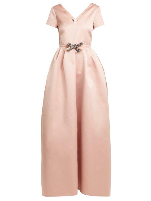 Matchesfashion.com Rochas - Dragonfly Appliqu V Neck Duchess Satin Gown - Womens - Light Pink