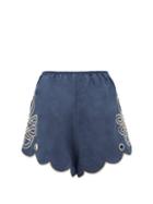 Matchesfashion.com Innika Choo - Cleo Direy Embroidered Scalloped-hem Linen Shorts - Womens - Navy