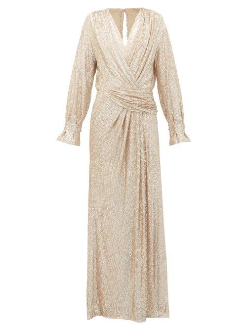 Matchesfashion.com Jonathan Simkhai - Sequin Embroidered Draped V Neck Gown - Womens - Gold