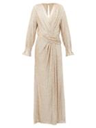 Matchesfashion.com Jonathan Simkhai - Sequin Embroidered Draped V Neck Gown - Womens - Gold