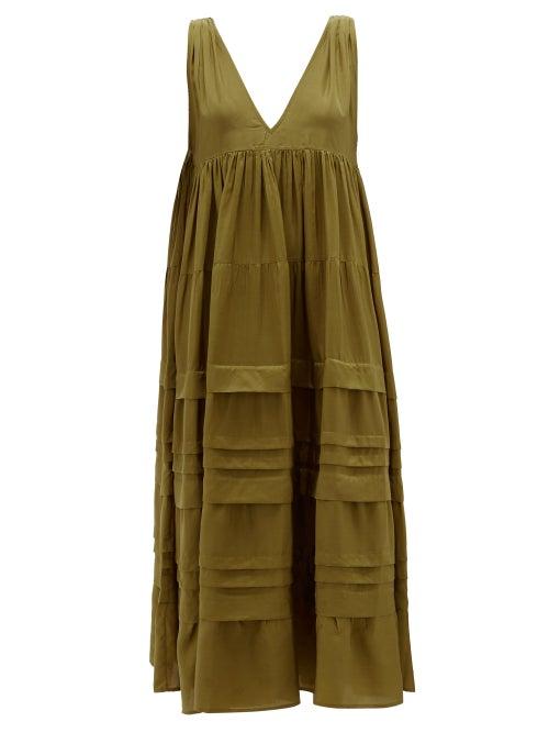 Matchesfashion.com Anaak - Airi Pintucked Silk-habutai Maxi Dress - Womens - Olive Green