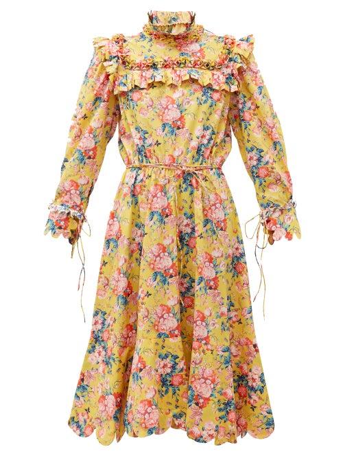 Matchesfashion.com Horror Vacui - Hilaria Peony Print Cotton Dress - Womens - Yellow Multi