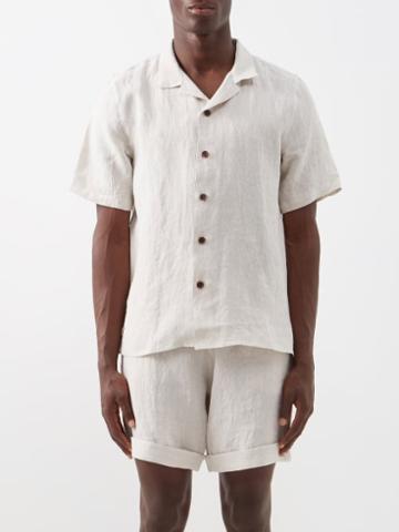 Maran - Cuban-collar Linen-cambric Shirt - Mens - Beige
