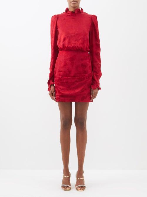 Saloni - Rina B Ruffled Satin-jacquard Mini Dress - Womens - Red